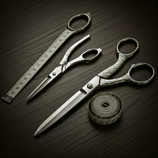 Tailoring scissors, ruler, and measuring tape on a wooden workbench