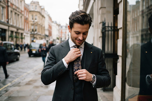 Close-up of silk accessories and tailored details