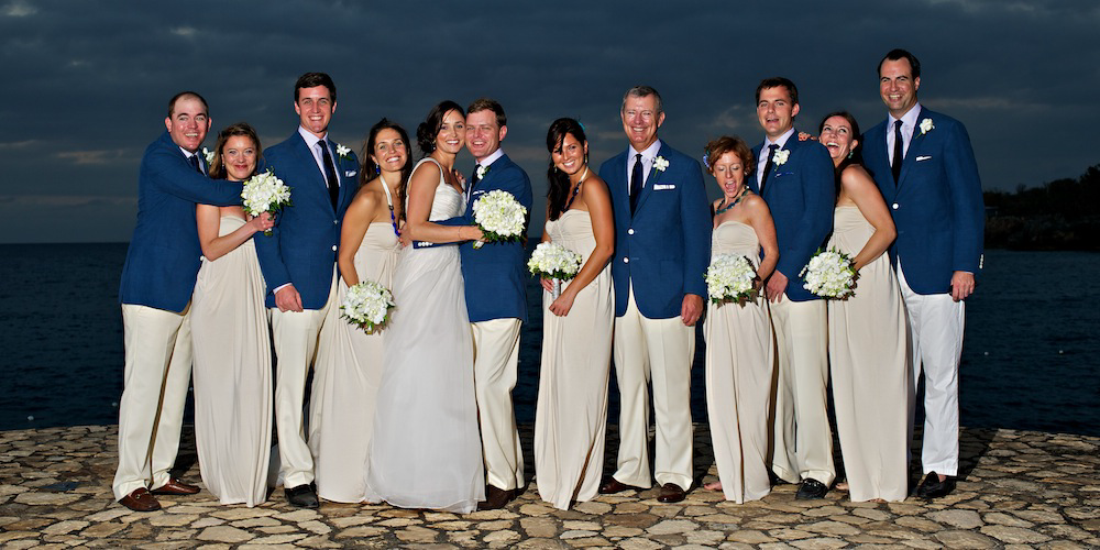 James's wedding party in midnight silk formal wear
