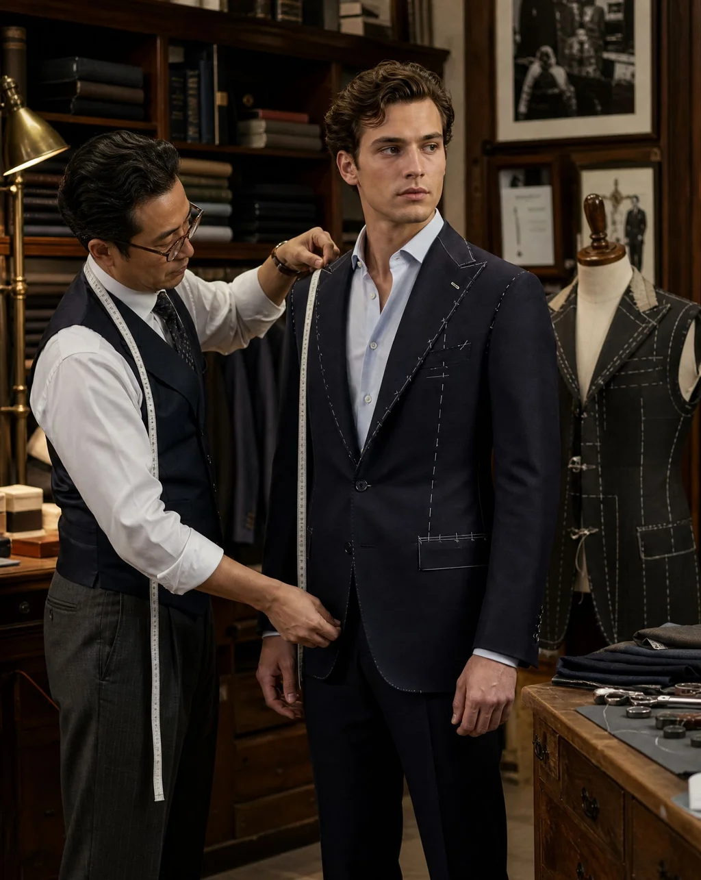 Tailor cutting navy fabric with shears on a workbench